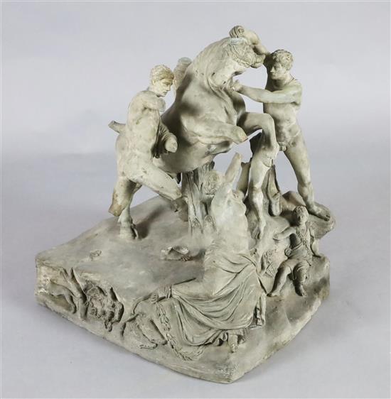 After the Antique. A large late 19th century Italian painted terracotta group of the Farnese bull, H.22in, restorations